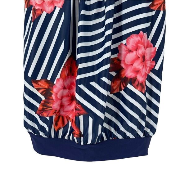 Tankini Swim Top Navy Blue Striped Floral Scoop Neck Womens Size L Classic Boho - Picture 4 of 6